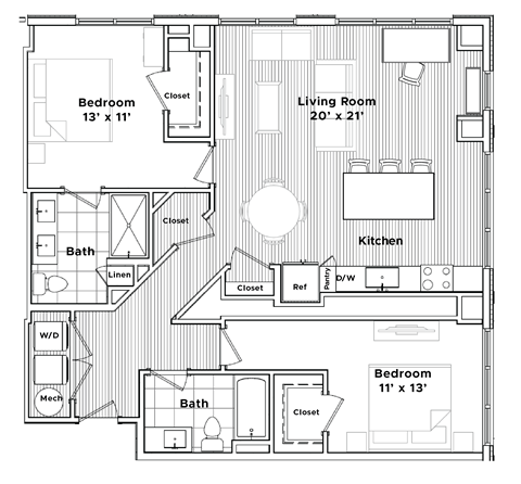 Floor plan for 2 beds, 2 baths, 1182 sqft
